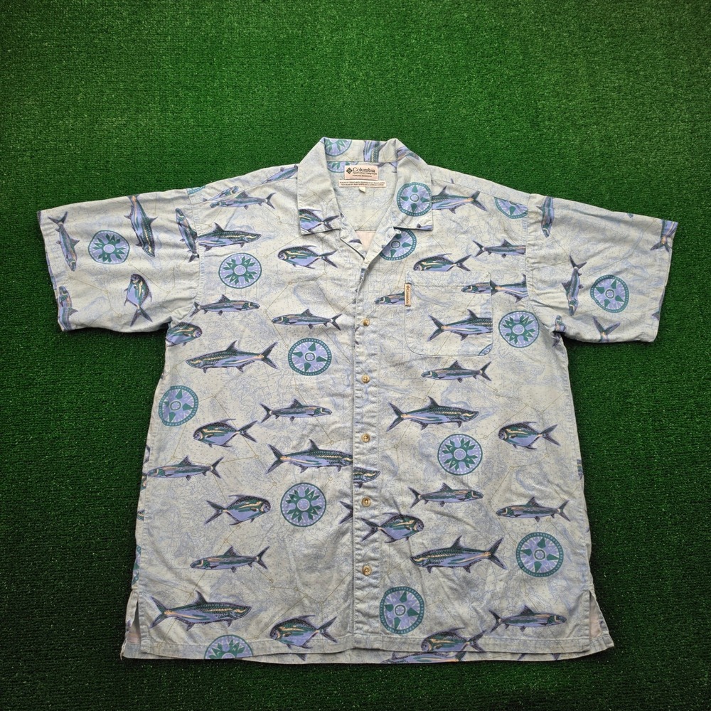 Vintage Columbia Fishing Shirt Mens Large Blue Gamefish Compass Rayon Cotton